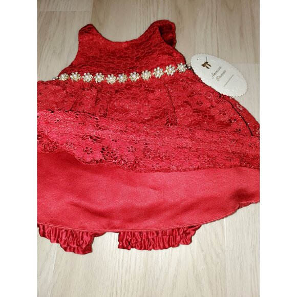 Baby Girl Dark Red Lace Dress With Rhinestone Waist & Bloomers 6 Months - Picture 3 of 9